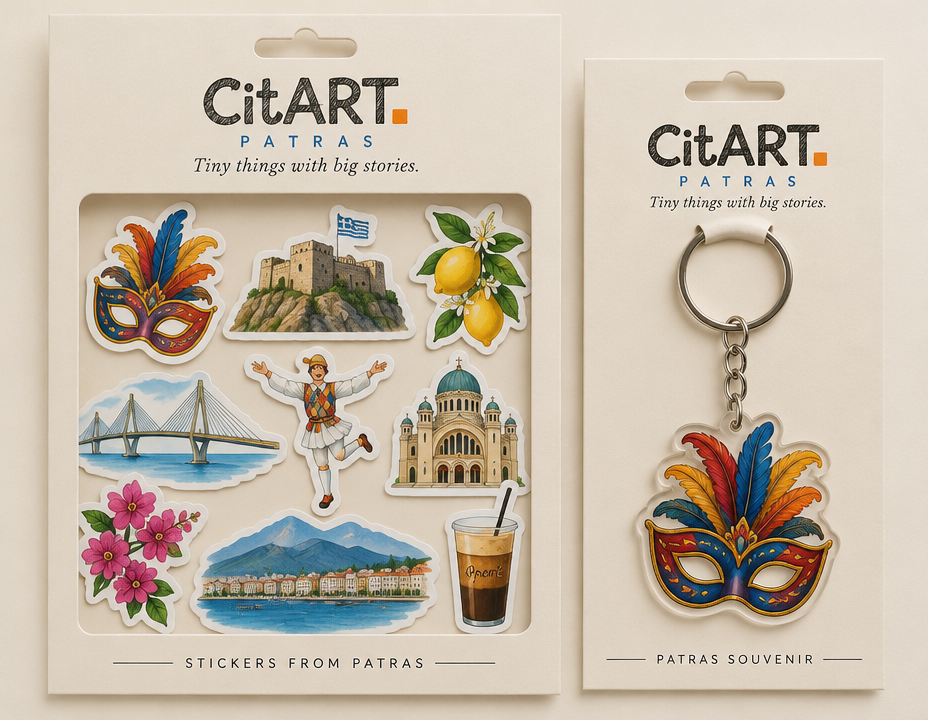 CitART Patras open-cutout sticker sleeve and carnival keychain card concept