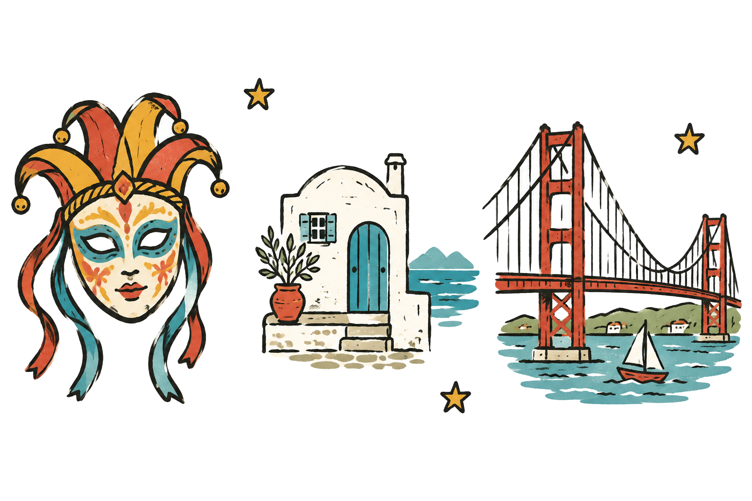 Playful travel illustrations of a carnival mask, seaside house and bridge